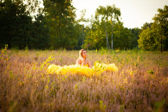Captured at golden hour, this image features a young woman seated in a field, enveloped by the warm embrace of the sunset. Her yellow dress spreads around her like a pool of sunlight, contrasting with