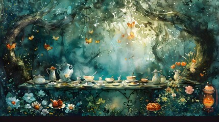 Whimsical Watercolor Feast in Enchanted Forest Glade with Mystical Creatures - obrazy, fototapety, plakaty