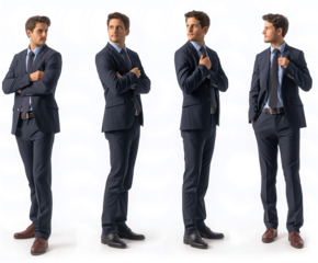 Men business with natural face beauty, 30 years old, full-length, fourth different views, cut out