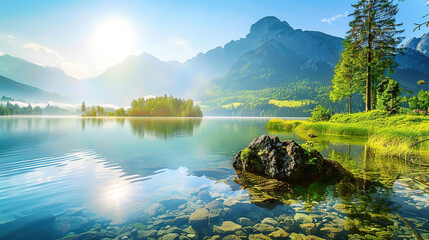 Naklejka premium Beautiful summer scene of a lake. Colorful morning view of mountains