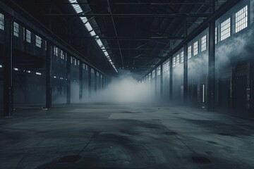 A dark smokey empty warehouse, Abandoned industrial building, Generative AI