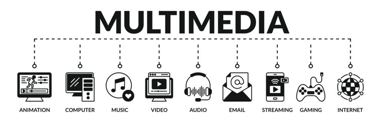 Banner of multimedia web vector illustration concept with icons of animation, computer, music, video, audio, email, streaming, gaming, internet
