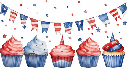 4th of July cupcakes and USA flags on a white background. Independence Day card. 