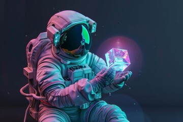 An astronaut holding a cubic artifact, Pop art concept, Generative AI