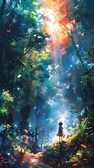 Anime Characters Foraging in Vibrant Watercolor Fantasy Forest Landscape