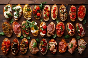 Assorted bruschettas from above on wooden surface - obrazy, fototapety, plakaty