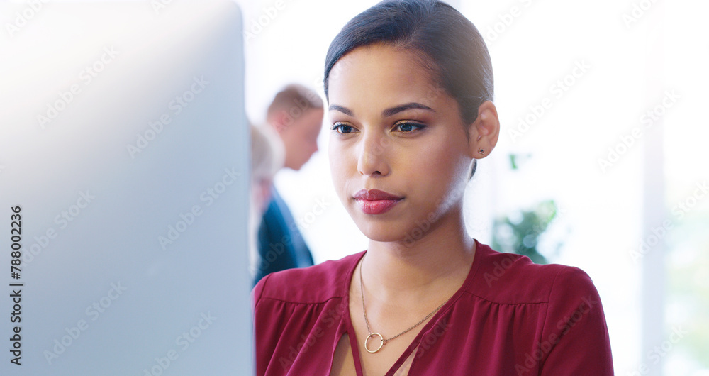 Poster woman, office and reading with computer, thinking and working for professional crm. worker, technolo
