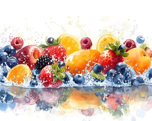 Colorful Watercolor of Diverse Fruits and Berries Floating in Serene Natural Water Setting