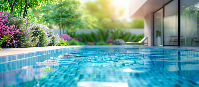 modern Home swimming pool on terrace and in vibrant garden banner concept background