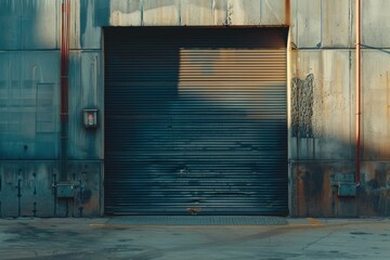 Automatic steel rolling door for warehouse security with steel access doorway and granite wall...