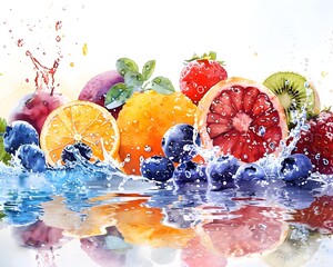 Vibrant Watercolor Fruit with Splashing Water Accents in Serene Natural Setting