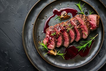 BBQ aged venison steak with potato mushroom terrine and cowberry sauce on plate - obrazy, fototapety, plakaty