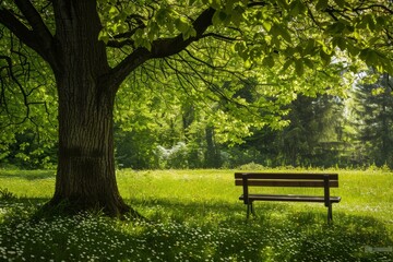 Bench in park under large tree in spring