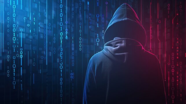 Hacking concept. Hacker with binary code digital interface background.
