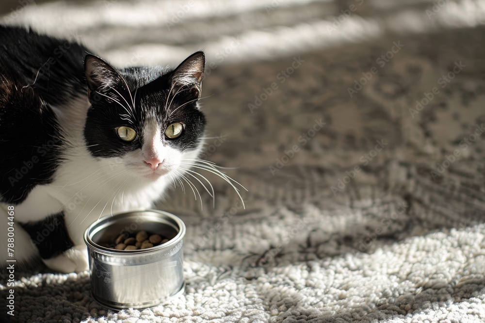 Poster black and white cat on carpet with tin of cat food