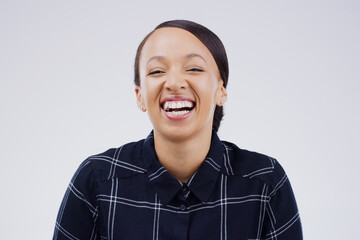 Portrait, funny and happy woman laughing in studio isolated on a white background space. Face,...