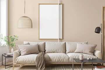 Beige Scandinavian Interior with Poster Mockup created with Generative AI