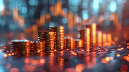 3D rendering of stacks of shiny copper coins on a glowing surface with a blurred background of blue and orange lights. - obrazy, fototapety, plakaty