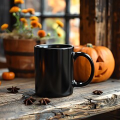 A black coffee mug is sitting on a wooden table in front of a window. There is a pumpkin and some fall foliage on the table. The background is blurry. - obrazy, fototapety, plakaty