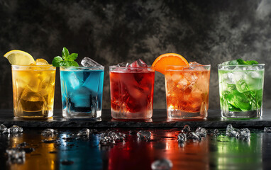 food and drink photography of variety multicolours cocktail on granite table, luxury and elegance