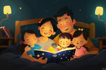 A heartwarming moment from a family-themed children's book, showing parents reading bedtime stories to their children by lamplight, Generative AI