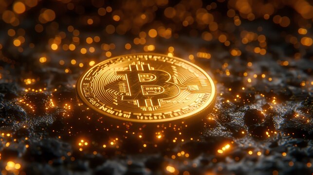 A glowing Bitcoin on a dark background.