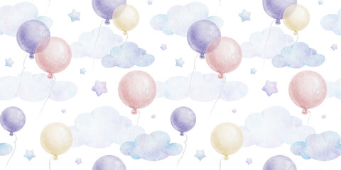 Flying round pink, purple balloons, stars, clouds. Cute baby's background. Watercolor seamless pattern of pastel color for children's good, baby's room design, invitation, kid's textile, clothing.