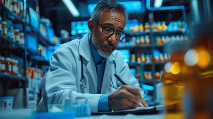 A male doctor wearing a white coat and stethoscope sits at a desk in a modern laboratory, writing on a clipboard. - Powered by Adobe