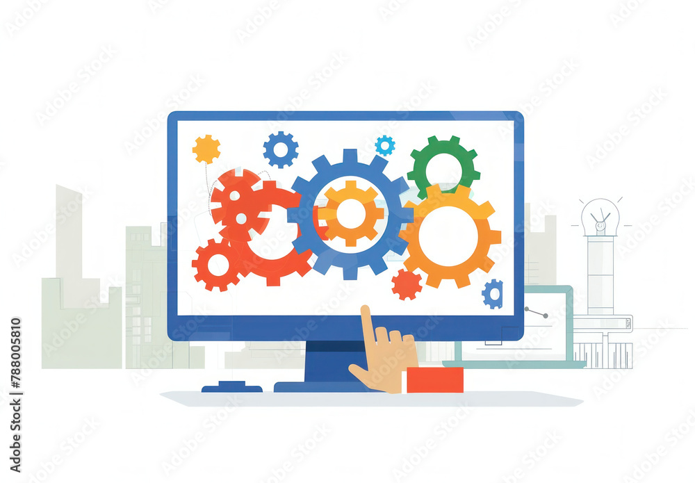 Fototapete illustration of a hand pointing at a computer screen with gears and cogs on it