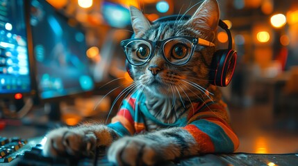 A photo of a cat wearing glasses and headphones, sitting at a computer desk and gaming.