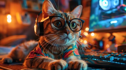 A photo of a cat wearing glasses and headphones, sitting at a computer desk and looking at the camera.