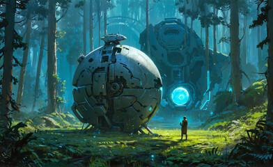 A lone man standing in a lush forest, gazing up at a mysterious glowing sphere..a lone man standing in a lush forest, gazing up at a mysterious glowing sphere..
