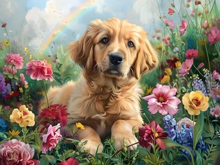 Playful Puppy in Lush Pastel Floral Garden with Dreamy Rainbow Arch Captured in Watercolor Art Style