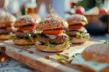 Blurred food background with burgers salad cheese and tomatoes on a wooden plate during a summer BBQ with friends