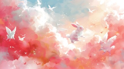 Whimsical Cloud Hopping Bunnies in a Pastel Dreamscape - obrazy, fototapety, plakaty