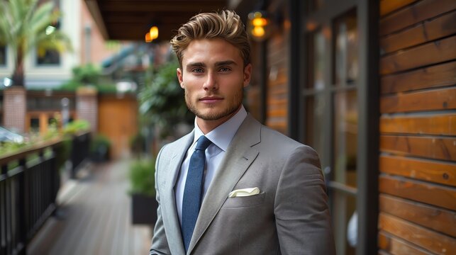 A young professional man in a suit standing in a modern office space. He has blond hair and blue eyes, and is wearing a white shirt, blue tie, and gray suit jacket. He has a confident expression on hi