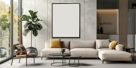 Stylish living room design in gray and white tones, comfortable soft light sofa and wide panoramic windows with a picture on the back wall , interior, creativity , family style , template , wallpaper. - obrazy, fototapety, plakaty