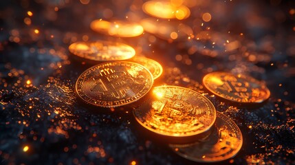 Glowing bitcoin cryptocurrency coins on fire - obrazy, fototapety, plakaty