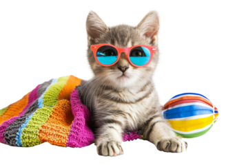 Happy smile kitty Cat wearing sunglasses with summer season costume isolated on background, pets summer, lovely cat, holiday vacation.