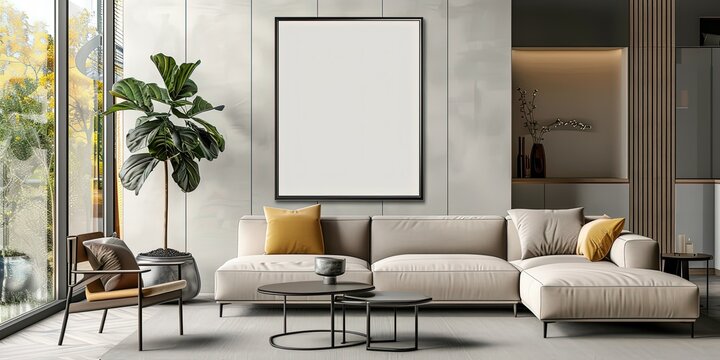 Stylish living room design in gray and white tones, comfortable soft light sofa and wide panoramic windows with a picture on the back wall , interior, creativity , family style , template , wallpaper.