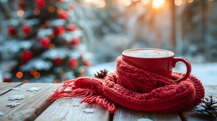 Obraz na płótnie Canvas Red coffee cup with scarf on wooden table with blurred christmas tree in background