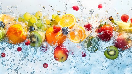 Vibrant Watercolor Explosion of Colorful Fruits Splashing into Refreshing Liquid Against Natural Background