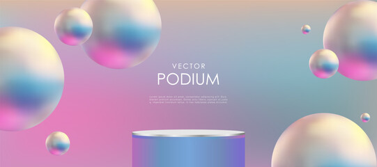 Pink and blue realistic cylindrical podium with a flying ball-sphere or bubble. Vector abstract studio with 3D geometric platform, minimal stage for product promotion.