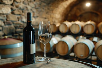 Bottle of wine with glass near barrels in cellar
