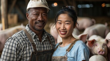 A man and a woman are smiling at the camera in front of a group of pigs