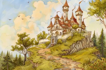 Naklejka premium An enchanting illustration from a fairy tale book, showcasing a majestic castle perched atop a hill where princes and princesses live happily ever after, Generative AI