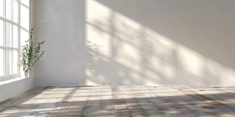 Empty white room with a plant on a large window abstraction