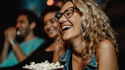 Cheerful woman eating popcorn during comedy movie in cinema. Movie time. Leisure activity.