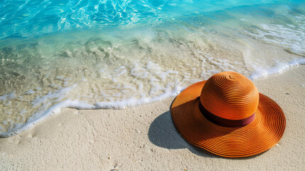 Fototapeta na wymiar Sun-Kissed Wide-Brimmed Hat on the Pristine Beach Sand Near Foamy Sea Waves