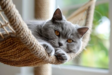 British shorthair cat relaxing on scratching post hammock - obrazy, fototapety, plakaty